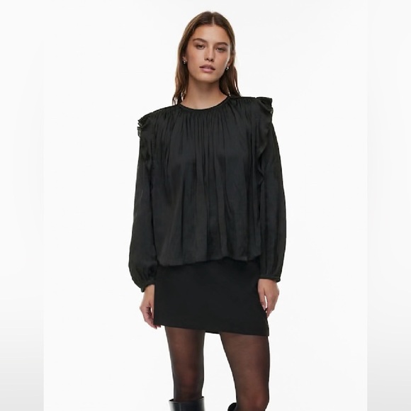 Wilfred Bernardin Blouse Relaxed Satin Long sleeve Ruffles Black Size Small NWT - Picture 1 of 14